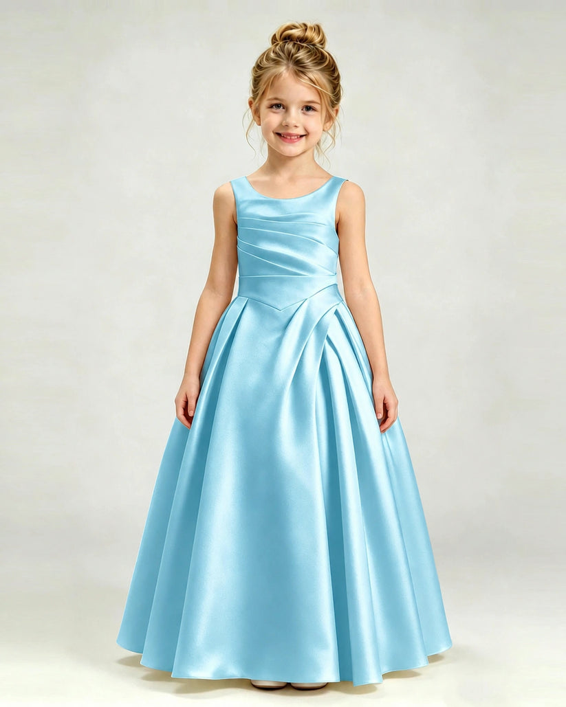Sky Blue Satin A-line Girls Formal Dress Front View