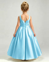 Sky Blue Satin A-line Girls Formal Dress Back View