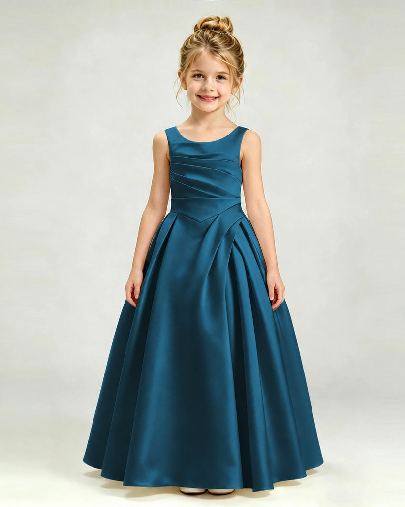 Teal Satin A-line Girls Formal Dress Front View