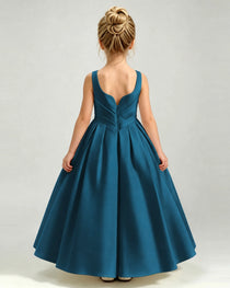 Teal Satin Flower Girl Dress Sleeveless Pleated Floor-Length Ball Gown Back View