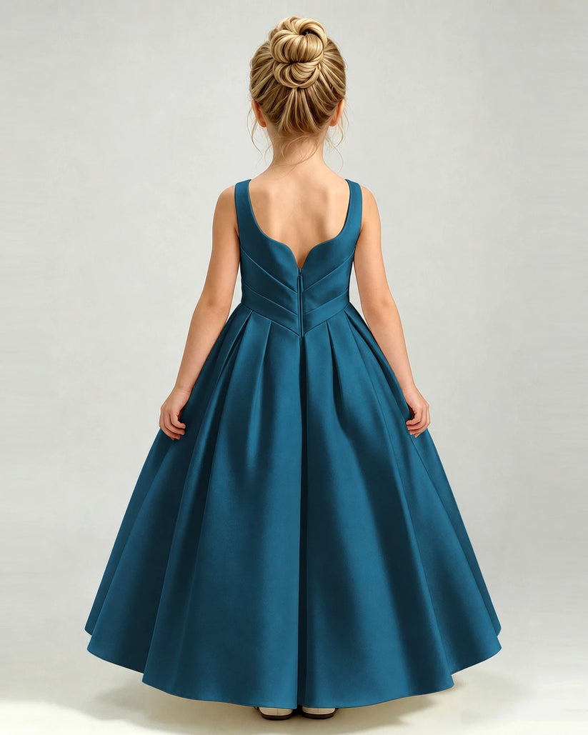 Teal Satin A-line Girls Formal Dress Back View