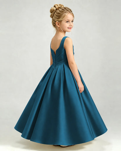 Teal Satin Flower Girl Dress Sleeveless Pleated Floor-Length Ball Gown Side View