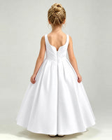 White Satin A-line Girls Formal Dress Back View