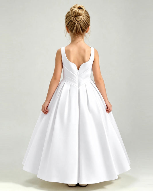 White Satin A-line Girls Formal Dress Back View