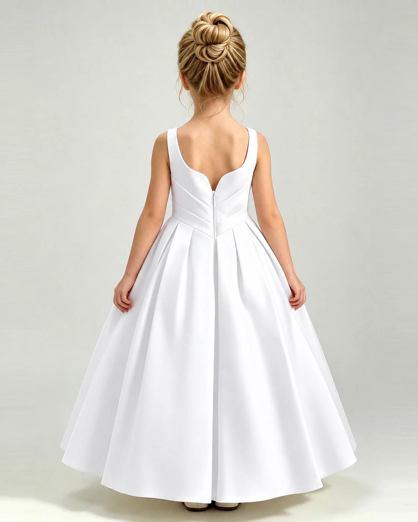 White Satin A-line Girls Formal Dress Back View
