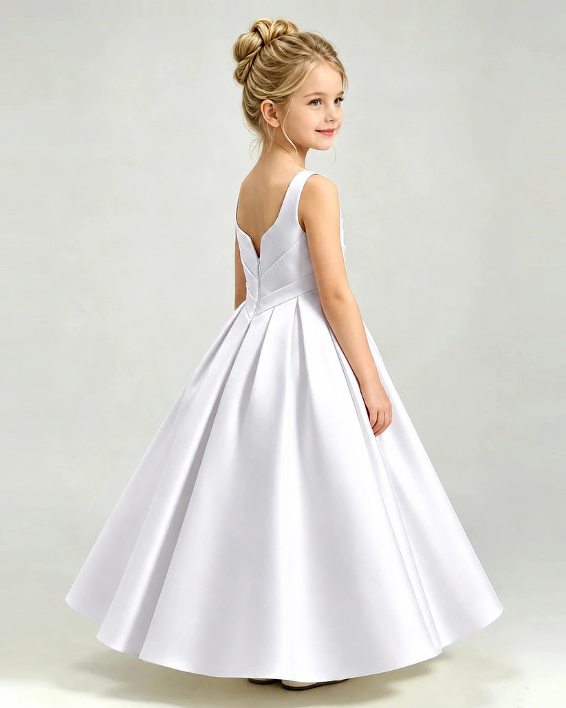 White Satin A-line Girls Formal Dress Side View