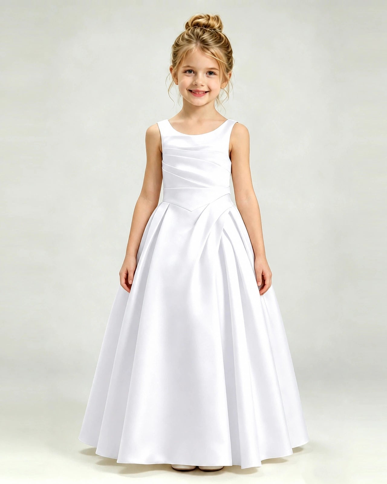 White Satin Flower Girl Dress Sleeveless Pleated Floor-Length Ball Gown Front View