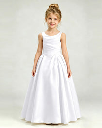 White Satin Flower Girl Dress Sleeveless Pleated Floor-Length Ball Gown Front View