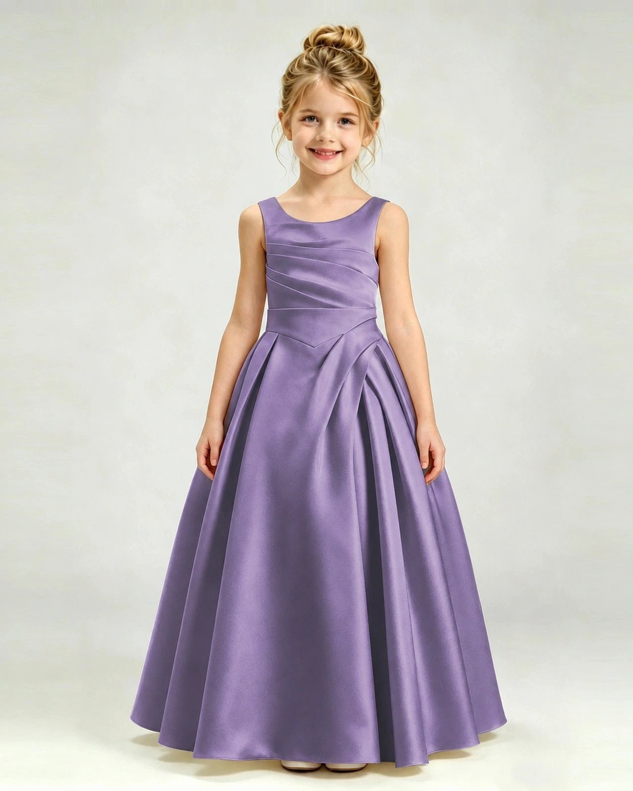 Wisteria Satin Flower Girl Dress Sleeveless Pleated Floor-Length Ball Gown Front View