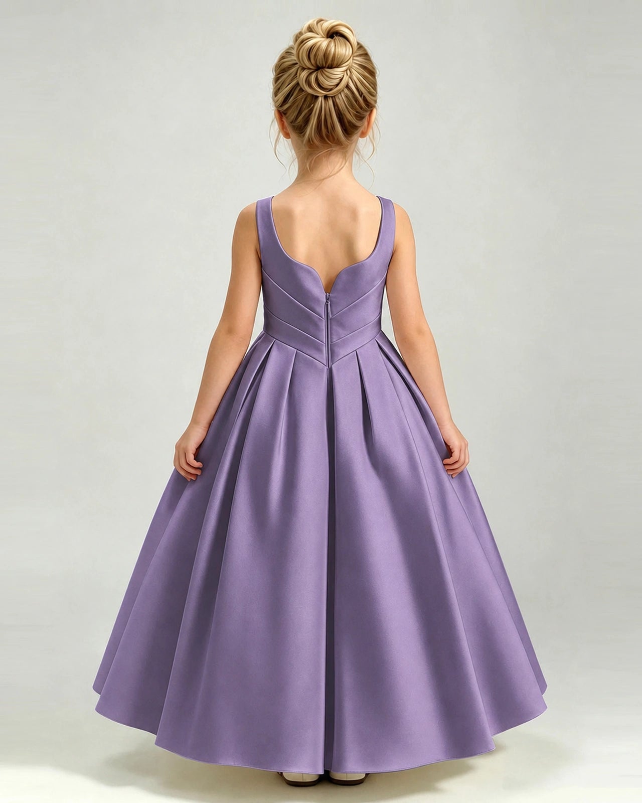Wisteria Satin Flower Girl Dress Sleeveless Pleated Floor-Length Ball Gown Back View
