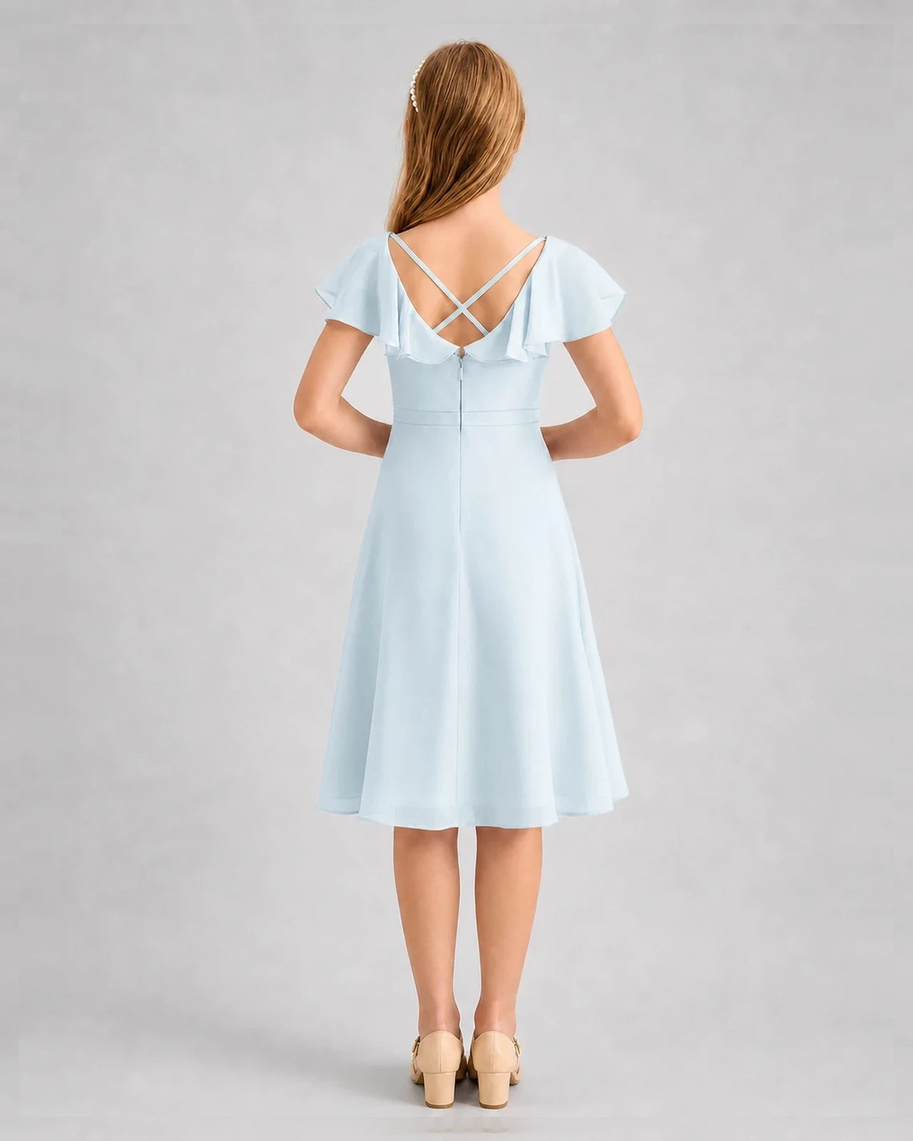 Baby Blue Chiffon Ruffle Sleeve A-Line Junior Bridesmaid Dresses Back View