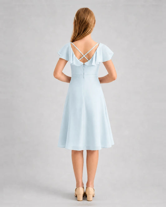 Dideyttawl V-Neck Flutter Sleeve Chiffon Junior Bridesmaid Dress