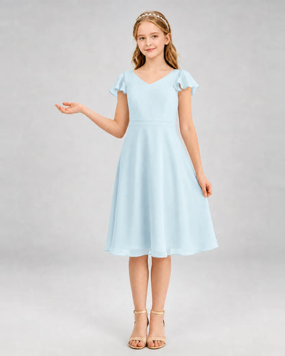 Baby Blue Chiffon V-Neck A-Line Junior Bridesmaid Dresses