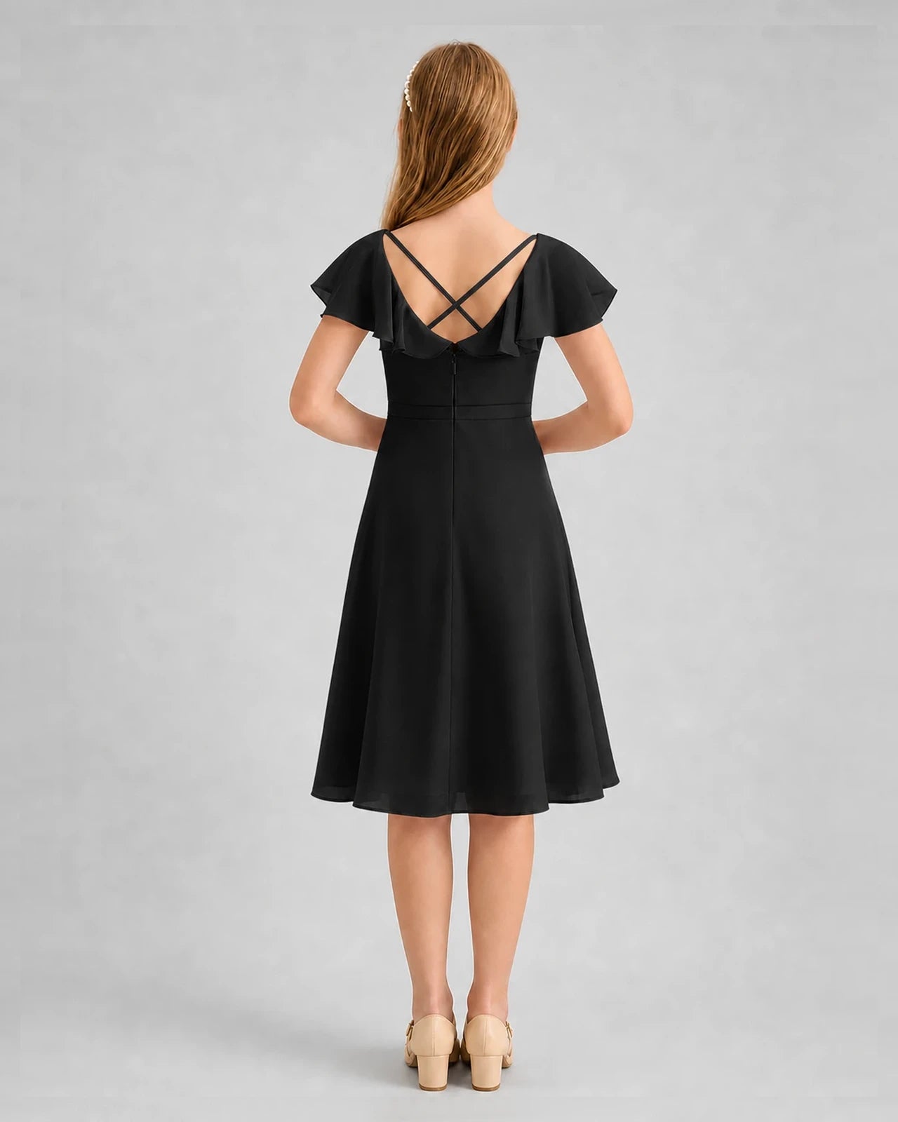 Black Chiffon Crisscross Back Junior Bridesmaid Dresses Back View