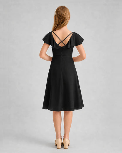Black Chiffon Crisscross Back Junior Bridesmaid Dresses Back View