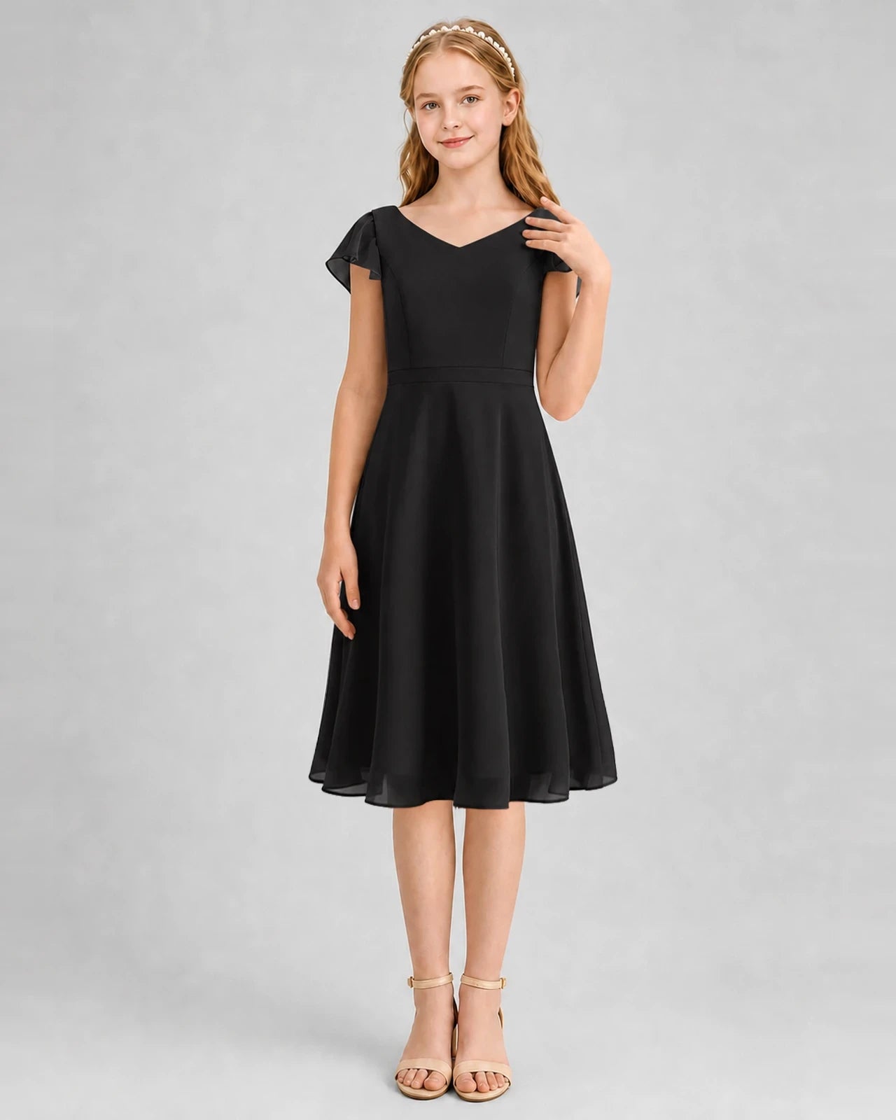 Black Chiffon A-line Junior Bridesmaid Dresses Front View