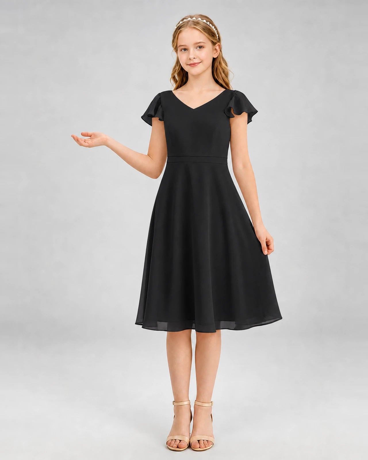 Black chiffon V-neck a-line junior bridesmaid dress