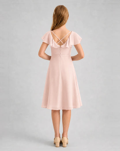 Blush Pink Chiffon Crisscross Back Junior Bridesmaid Dresses Back View