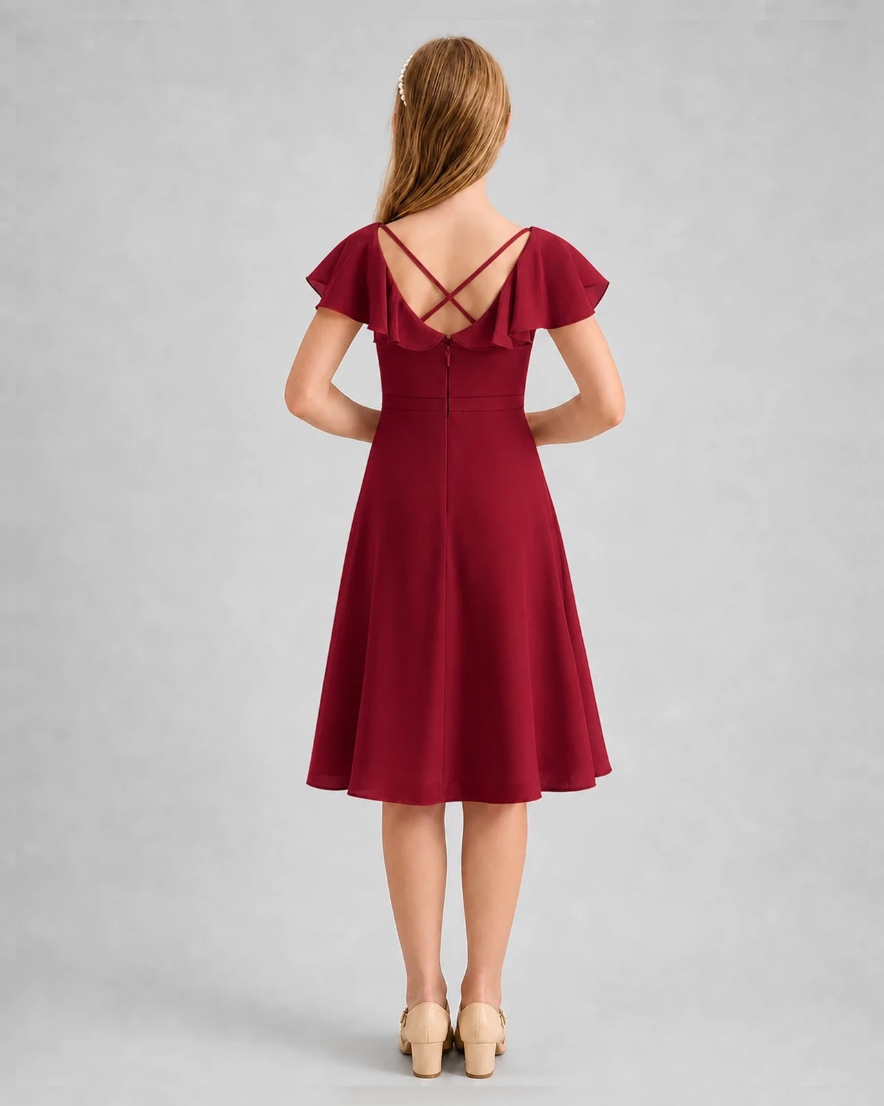 Burgundy Chiffon Ruffle Sleeve Junior Bridesmaid Dresses Back View