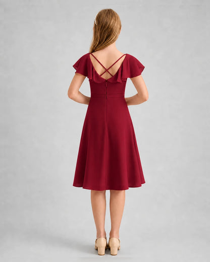 Burgundy Chiffon Ruffle Sleeve Junior Bridesmaid Dresses Back View