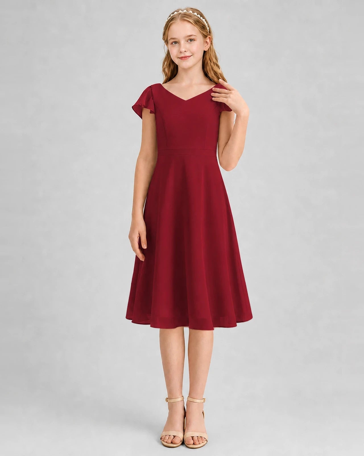 Burgundy Chiffon V-Neck A-Line Junior Bridesmaid Dresses Front View