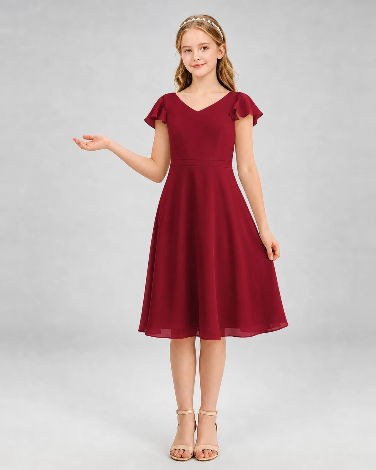 Burgundy Chiffon V-Neck A-Line Junior Bridesmaid Dresses