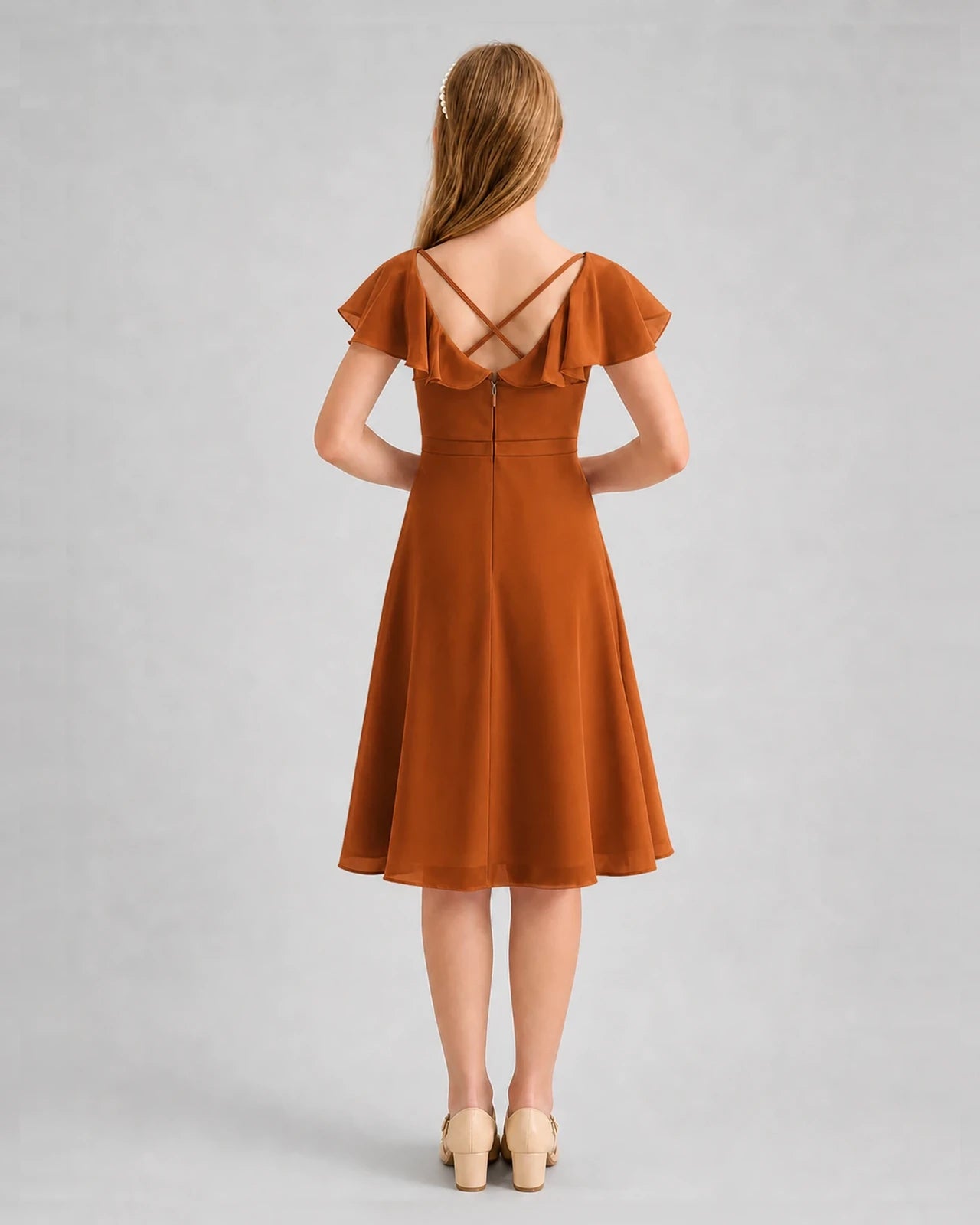 Burnt Orange Chiffon Crisscross Junior Bridesmaid Dresses Back View