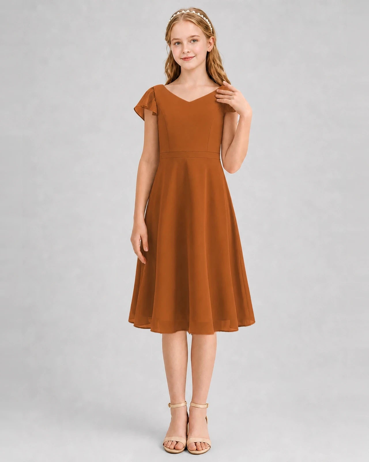 Burnt orange chiffon A-line junior bridesmaid dress, front view