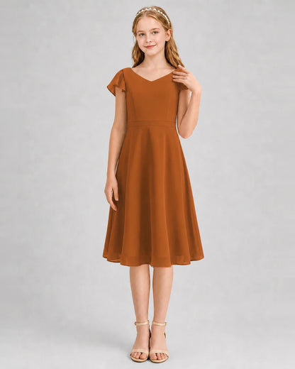 Burnt orange chiffon A-line junior bridesmaid dress, front view