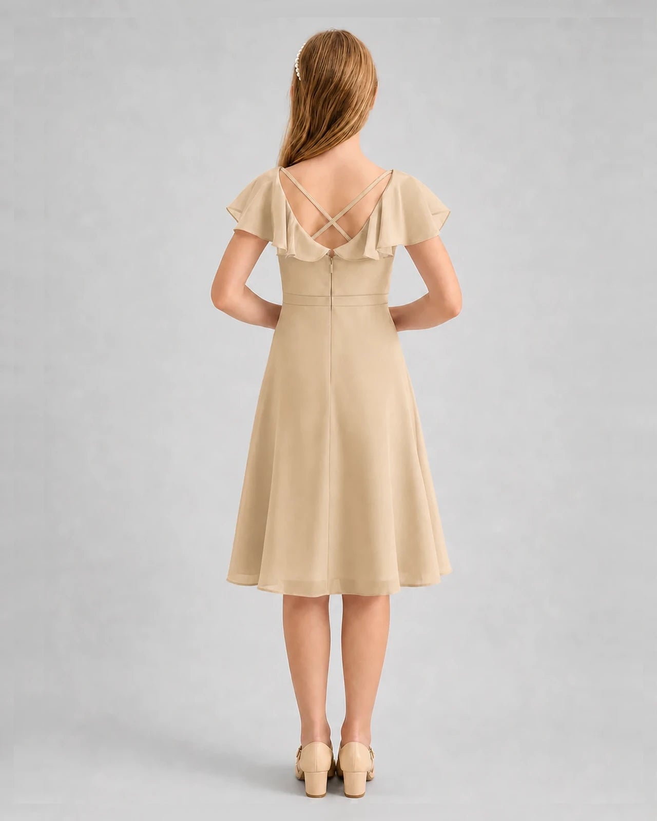 Champagne Chiffon Ruffle Sleeve A-Line Junior Bridesmaid Dresses Back View