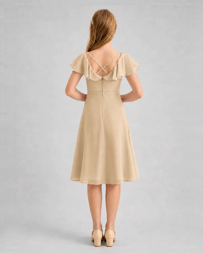 Champagne Chiffon Ruffle Sleeve A-Line Junior Bridesmaid Dresses Back View