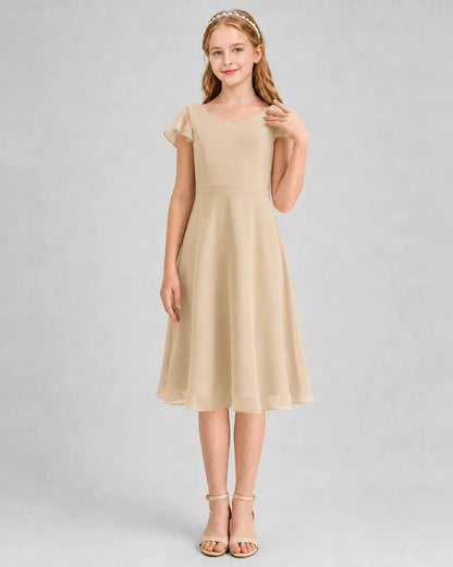 Champagne Chiffon V-Neck A-Line Junior Bridesmaid Dresses Front View