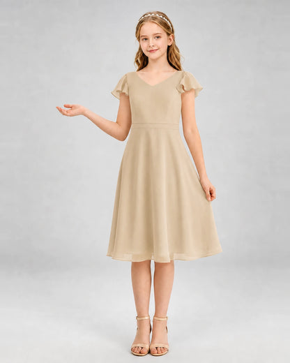 Champagne Chiffon V-Neck A-Line Junior Bridesmaid Dresses