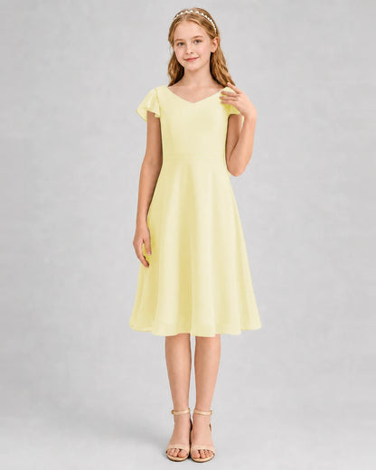 Daffodil Chiffon V-neck A-line Junior Bridesmaid Dresses Front View