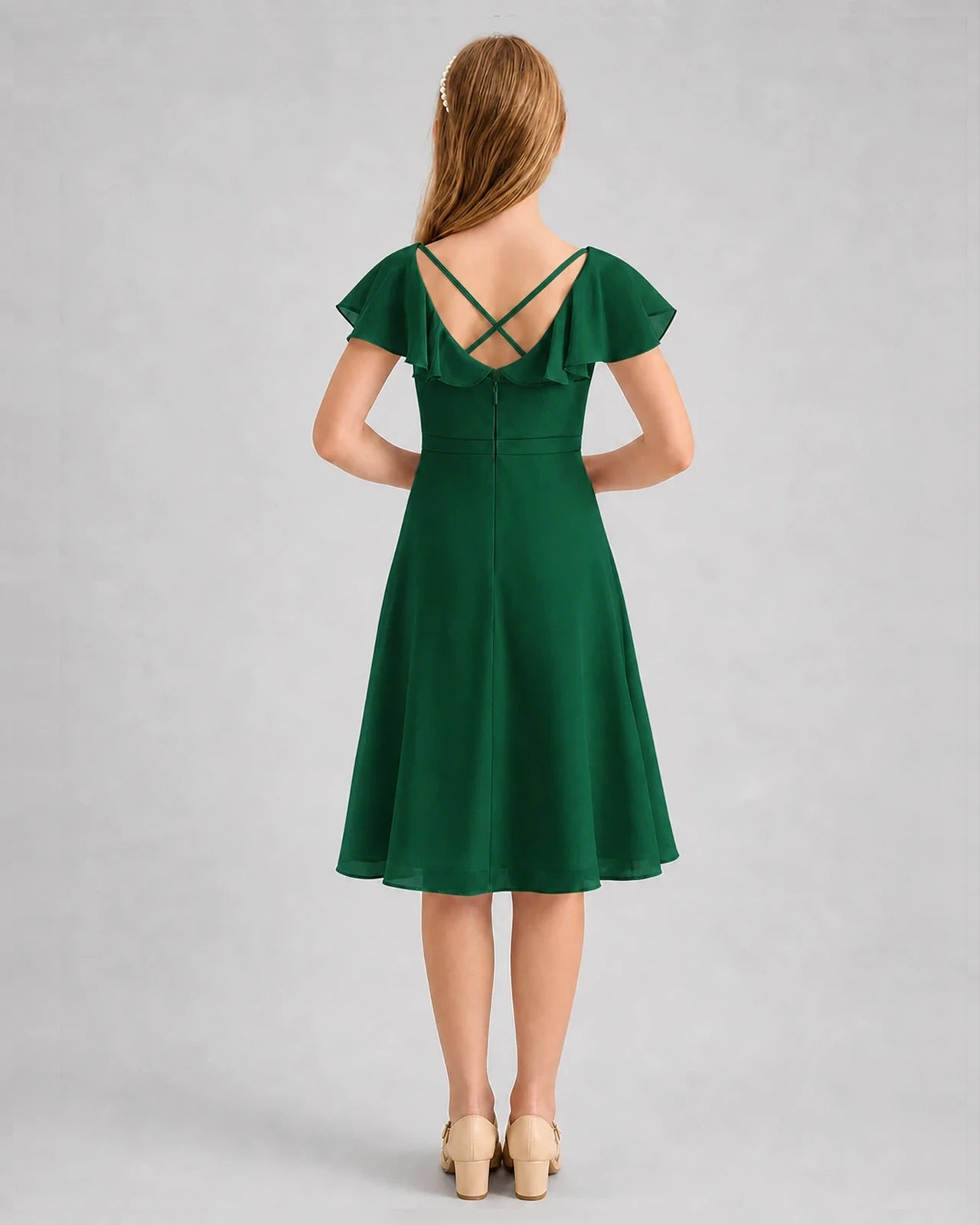 Dark Green Chiffon A-line Junior Bridesmaid Dress Back View