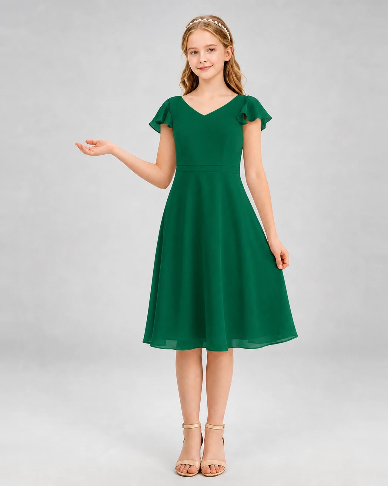 Dark Green Chiffon Flutter Sleeve Junior Bridesmaid Dresses