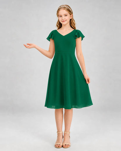 Dark Green Chiffon Flutter Sleeve Junior Bridesmaid Dresses