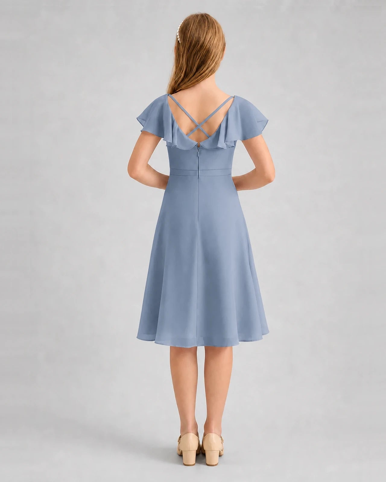 Dusty blue chiffon flutter sleeve junior bridesmaid dress, back view.