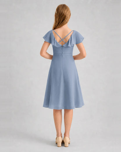 Dusty blue chiffon flutter sleeve junior bridesmaid dress, back view.
