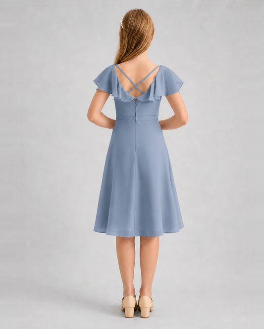 Dusty blue chiffon flutter sleeve junior bridesmaid dress, back view.