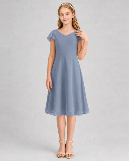 Dusty Blue Chiffon V-Neck A-Line Junior Bridesmaid Dresses Front View