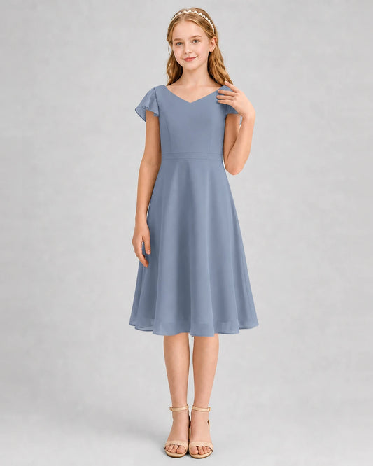 Dusty Blue Chiffon V-Neck A-Line Junior Bridesmaid Dresses Front View