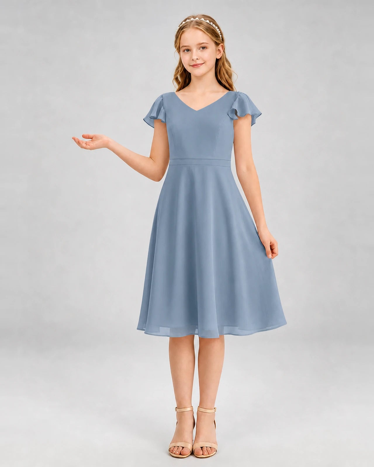 Dusty Blue Chiffon V-Neck A-Line Junior Bridesmaid Dresses