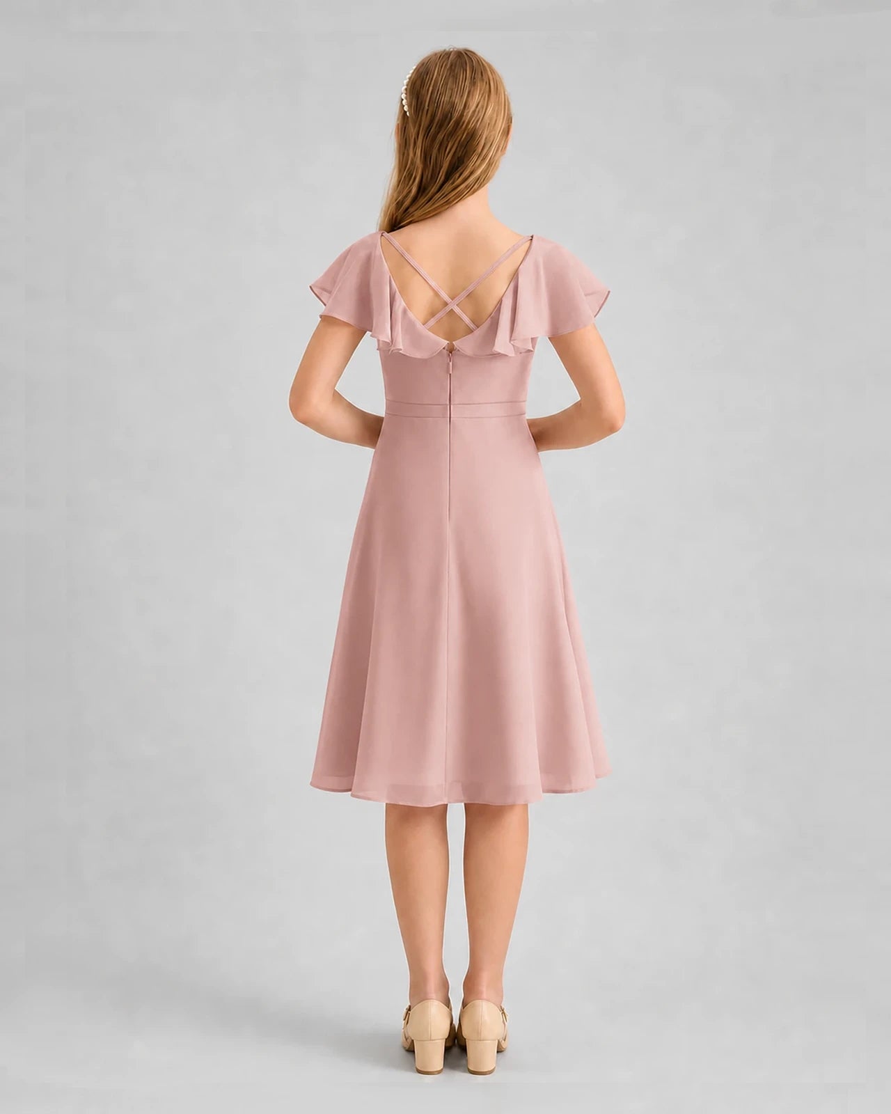 Dusty Rose Chiffon Crisscross Junior Bridesmaid Dresses Back View