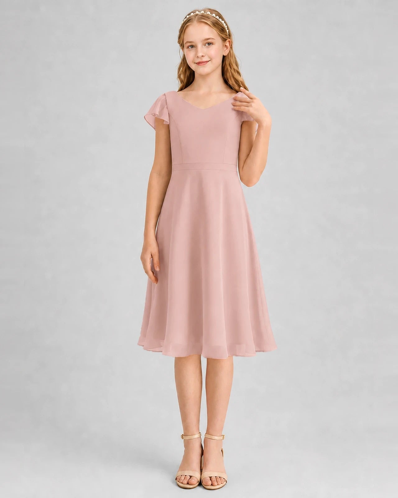 Dusty Rose Chiffon A-Line Junior Bridesmaid Dresses Front View