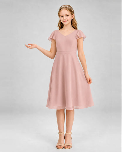 Dusty Rose Chiffon V-Neck A-Line Junior Bridesmaid Dresses Front View