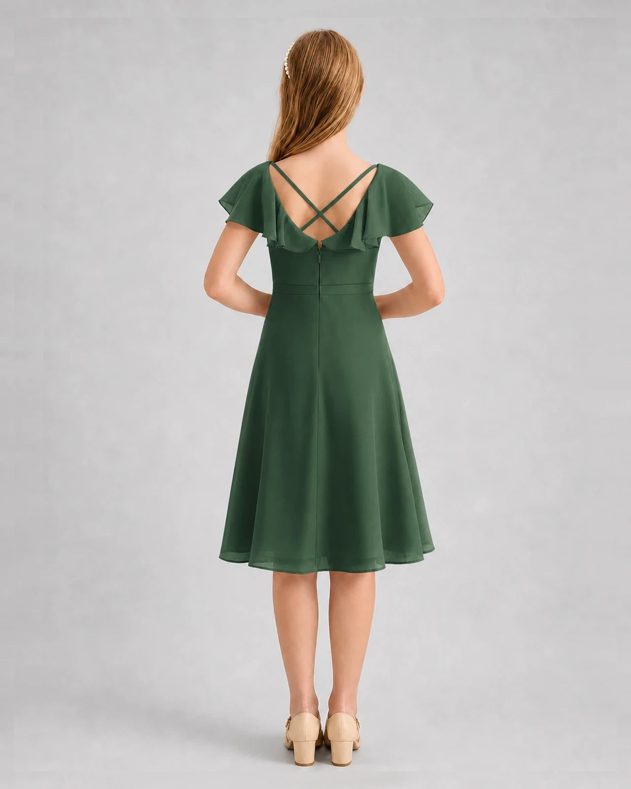 Emerald Green Chiffon A-Line Junior Bridesmaid Dresses Back View