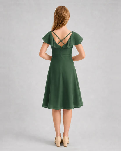 Emerald Green Chiffon A-Line Junior Bridesmaid Dresses Back View