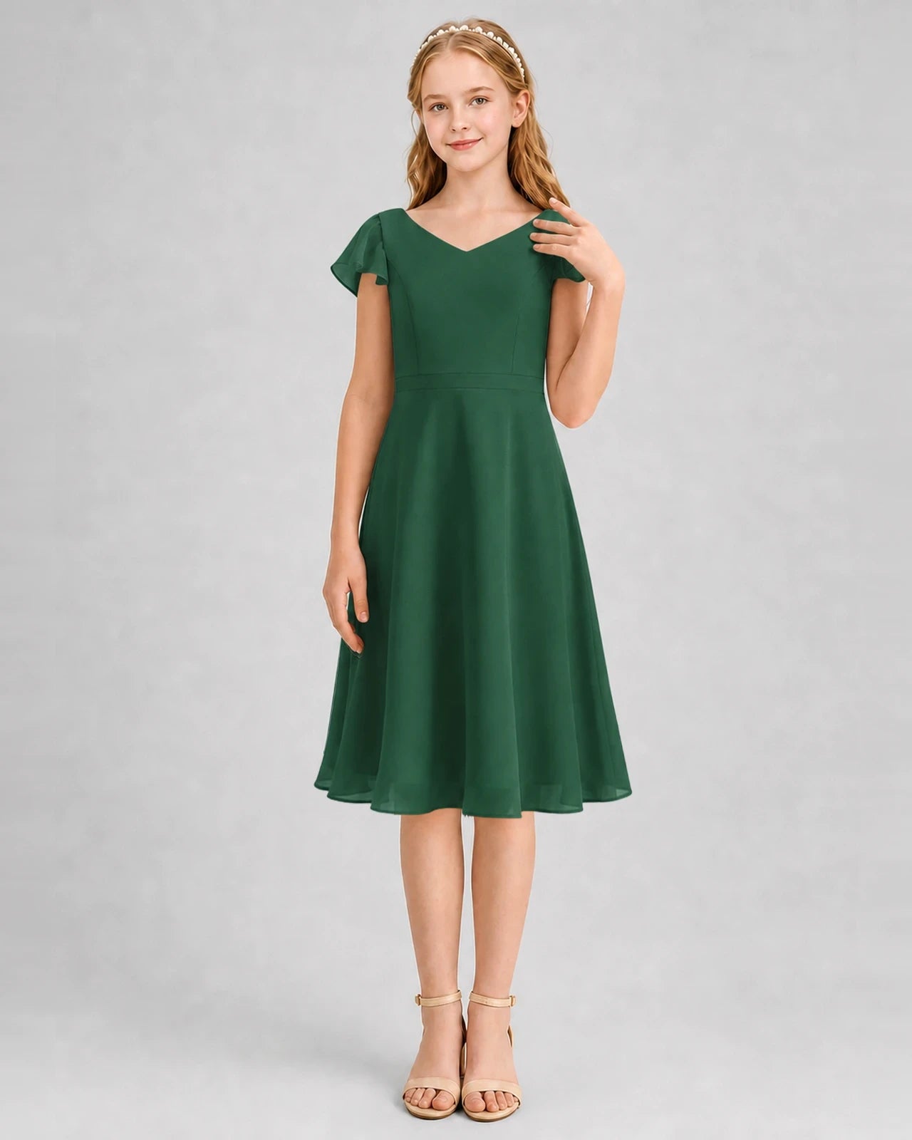Emerald Green Chiffon V-Neck Junior Bridesmaid Dresses Front View