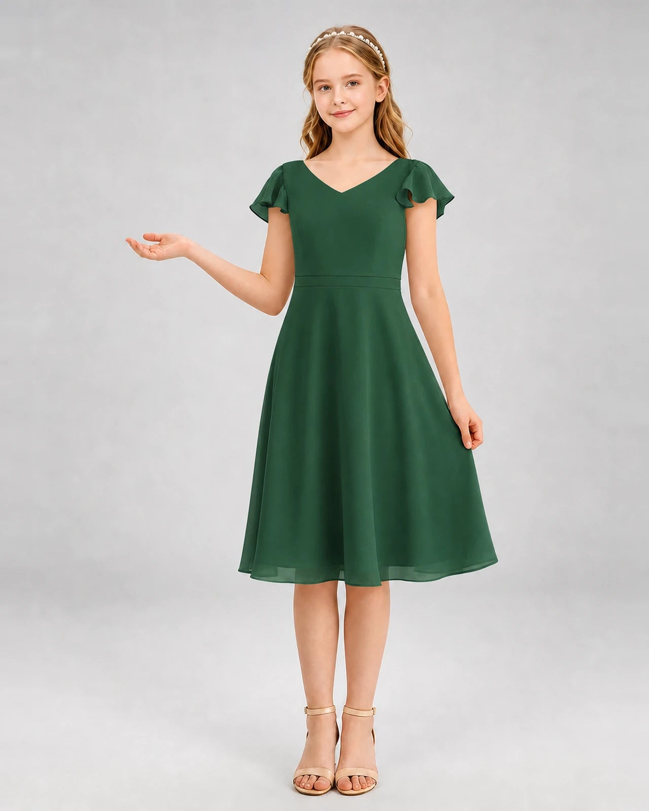 Emerald Green Chiffon A-Line Junior Bridesmaid Dresses